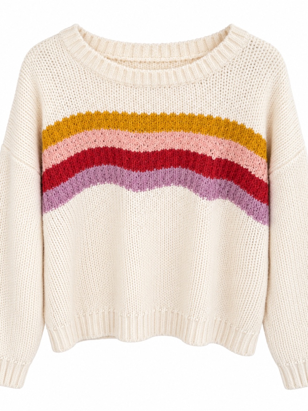 Aeropostale Cream Crewneck Sweater with Mustard Pink Red and Lilac Stripes